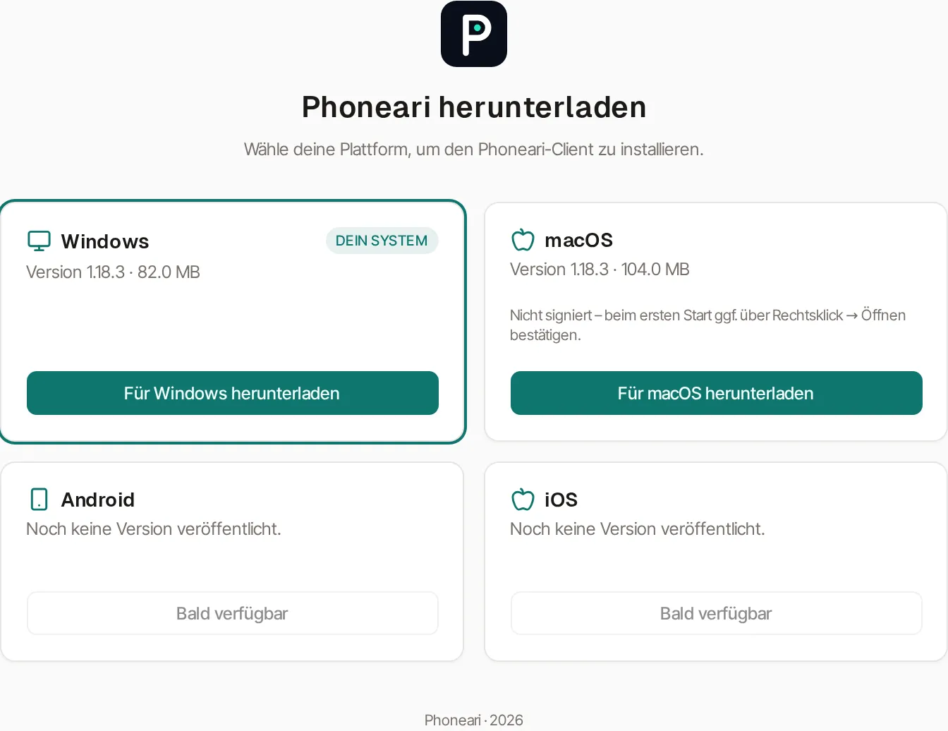 Downloadseite „Phoneari herunterladen“ mit dem Untertitel „Wähle deine Plattform, um den Phoneari-Client zu installieren.“ und vier Kacheln: Windows, macOS, Android und iOS. Jede Kachel meldet „Noch keine Version veröffentlicht.“, der Knopf darunter heißt „Bald verfügbar“.
