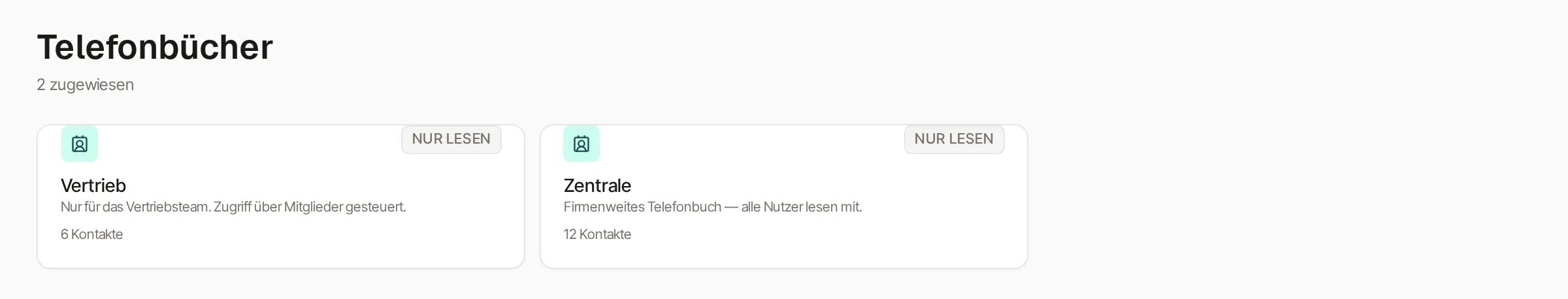 Die Portalseite „Telefonbücher“ mit dem Zusatz „2 zugewiesen“ und zwei Karten nebeneinander: „Vertrieb — Nur für das Vertriebsteam. Zugriff über Mitglieder gesteuert. 6 Kontakte“ und „Zentrale — Firmenweites Telefonbuch, alle Nutzer lesen mit. 12 Kontakte“. Beide Karten tragen oben rechts das Kennzeichen „Nur lesen“.