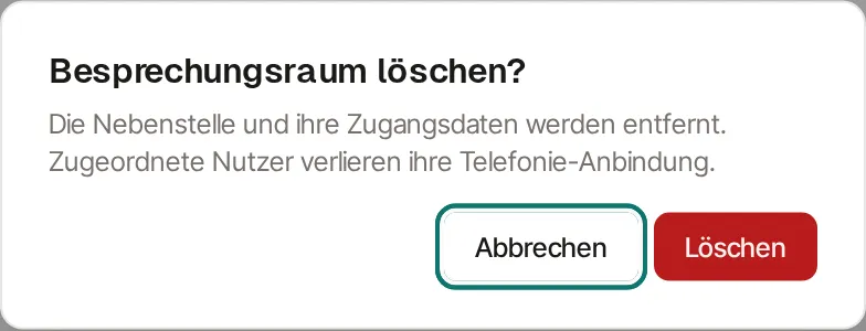 Rückfrage mit der Überschrift „Besprechungsraum löschen?" und dem Text „Die Nebenstelle und ihre Zugangsdaten werden entfernt. Zugeordnete Nutzer verlieren ihre Telefonie-Anbindung." Unten die Schaltflächen Abbrechen und, rot hervorgehoben, Löschen.