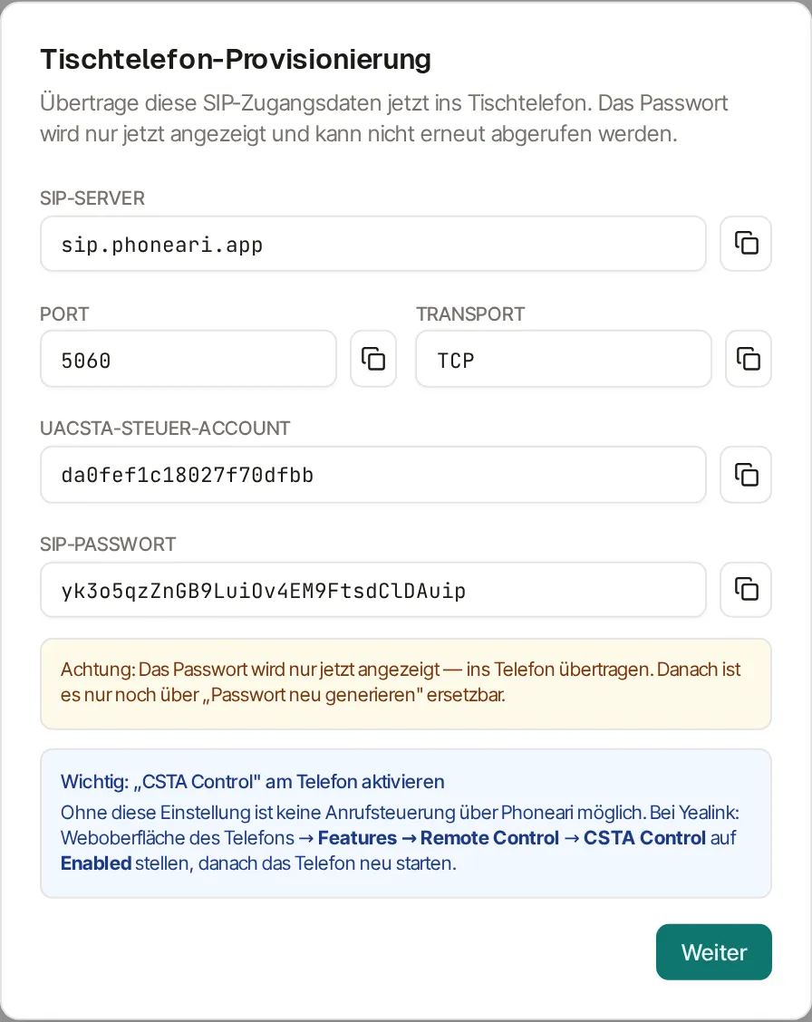 Dialog „Tischtelefon-Provisionierung" im Portal mit den Feldern SIP-Server (sip.phoneari.app), Port (5060), Transport (TCP), uaCSTA-Steuer-Account und SIP-Passwort. Rechts neben jedem Feld sitzt eine Kopier-Schaltfläche.