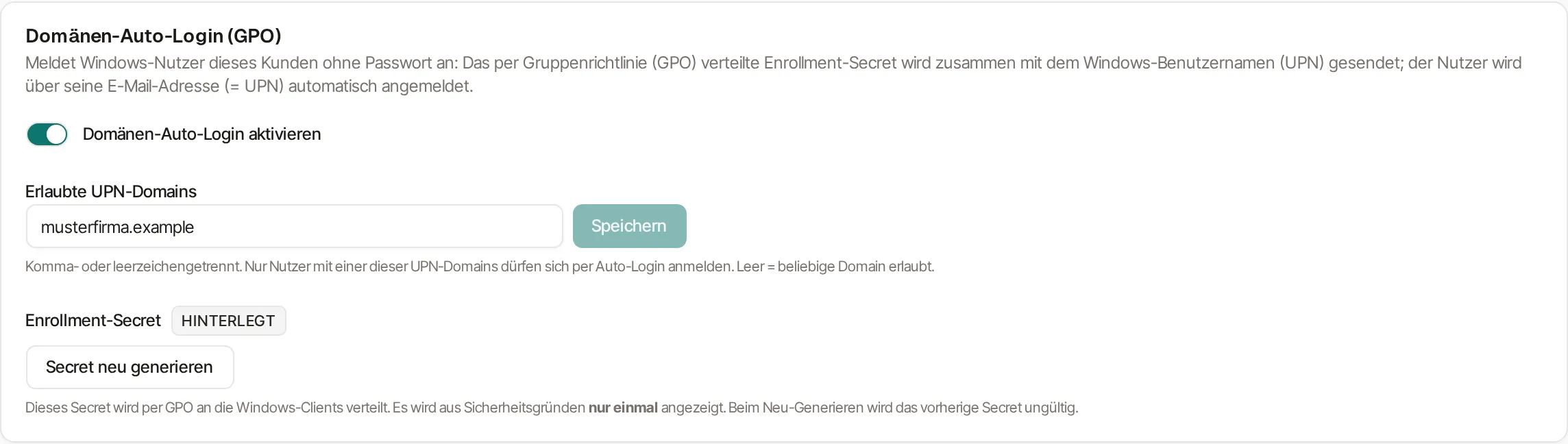 Karte „Domänen-Auto-Login (GPO)“ mit dem ausgeschalteten Schalter „Domänen-Auto-Login aktivieren“. Darunter das leere Feld „Erlaubte UPN-Domains“ mit dem Platzhalter „z. B. contoso.com, contoso.de“, daneben die Schaltfläche „Speichern“. Ganz unten steht neben „Enrollment-Secret“ das Abzeichen „NICHT HINTERLEGT“ und die Schaltfläche „Enrollment-Secret generieren“.