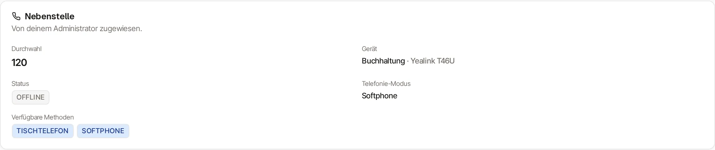 Karte „Nebenstelle" mit dem Untertitel „Von deinem Administrator zugewiesen." Angezeigt werden Durchwahl 120, Gerät „Buchhaltung · Yealink T46U", Status OFFLINE, Telefonie-Modus Softphone und unter Verfügbare Methoden die beiden Marken TISCHTELEFON und SOFTPHONE.