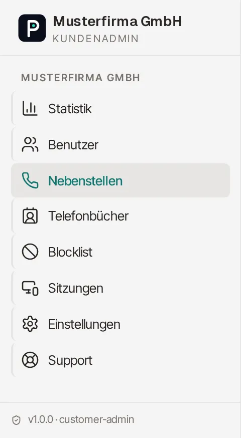 Seitenleiste des Kundenportals. Oben „Musterfirma GmbH“ mit dem Zusatz „Kundenadmin“, darunter derselbe Firmenname als Überschrift der Menüpunkte: Statistik, Benutzer, Nebenstellen (hervorgehoben), Telefonbücher, Blocklist, Sitzungen, Einstellungen, Support. Unten die Zeile „v1.0.0 · customer-admin“.